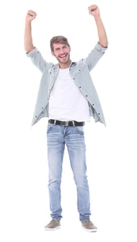 in full growth. a very happy young man .isolated on white background