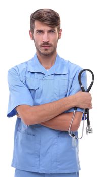 close up.medical doctor with stethoscope .isolated on white background