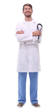 in full growth. serious doctor therapist with a stethoscope .isolated on white background