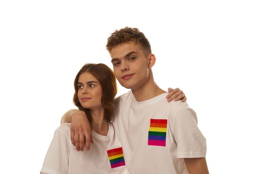 young couple lgbt Flag transgender lifestyle light background. High quality photo