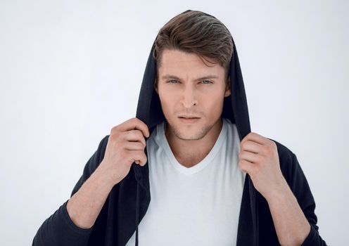close up.the modern guy in the hood.isolated on light background