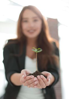 close up. business woman carefully keeps a fresh sprout.the concept of ecological business