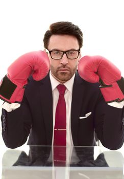 close up.serious businessman Boxing gloves .the concept of confidence