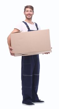 in full growth.male courier with a big box.isolated on white background