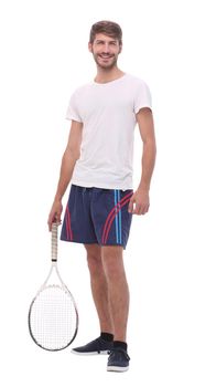 side view.smiling man with tennis racket. isolated on white background