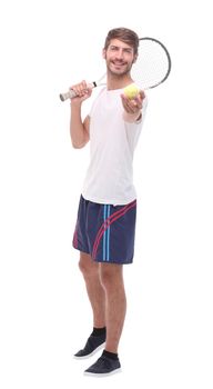 side view.smiling man with tennis racket. isolated on white background