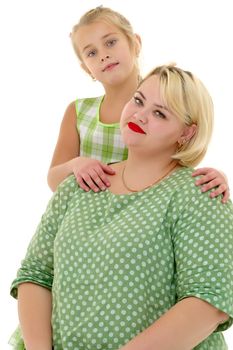 Happy family mom and little daughter, studio portrait on white background.Isolated.