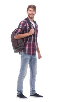 in full growth. handsome male student with a bag.isolated on white background.