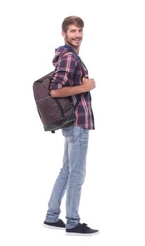 in full growth. handsome male student with a bag.isolated on white background.