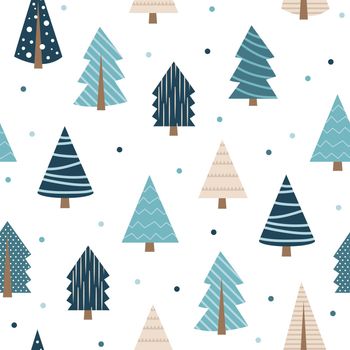 Vector blue christmas tree with snowflakes repeated on white background - seamless pattern