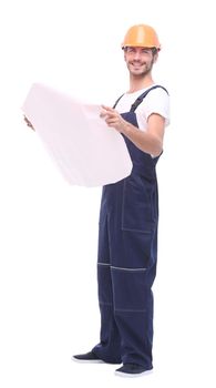 in full growth. smiling male construction worker with sketches for a new project. isolated on white background