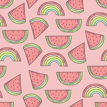 Seamless pattern of color hand drawn watermelons and rainbows for design. Endless pattern on pink background for print, textile, packaging, menu