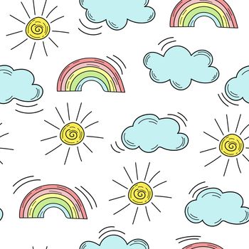 Cute seamless pattern with a rainbow, clouds and sun on white in summer color. Design for textiles, fabric, packaging paper