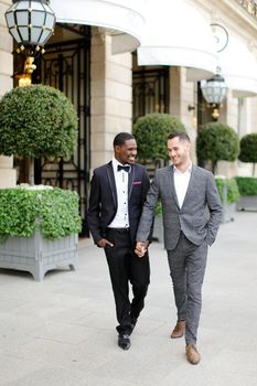 Afro american and caucasian happy handsome gays walking outside in city. Concept of same sex male couple.