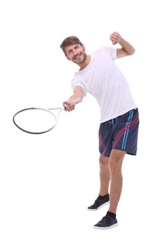 rear view. a young man with a tennis racket. isolated on white background