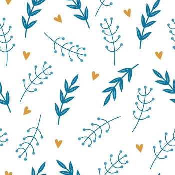 Hand drawn blue small twigs, abstract leaves and hearts - Repeating Pattern. Seamless pattern for wallpaper, greeting cards, wrapping, home decor
