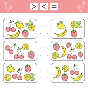 Less than, greater than, equal. Count as many fruits in the picture, write down the result. Banana, lemon, cherry, strawberry