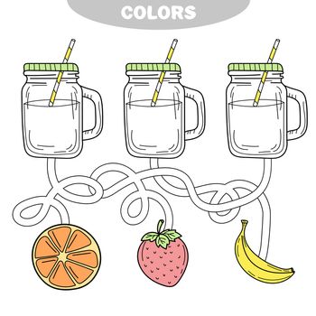 Coloring. Puzzle and activity for children. Go through the maze and color the lemonade with the correct fruit color.