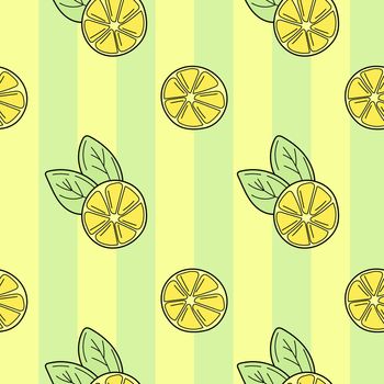 Hand-drawn lemons on a striped seamless background. Cartoon bright background for packaging, menu, textiles. Colorful wallpaper vector
