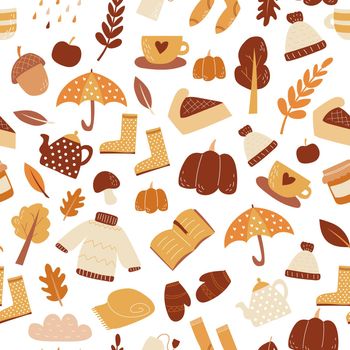 Seamless pattern of autumn set of items, vector wallpaper doodle style fall mood. Pattern for wrapping paper or fabric