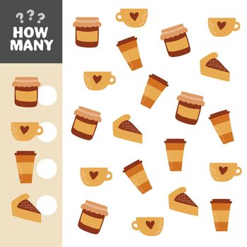 How many objects task. Educational math game for preschool children. Counting game for kids. Kids activity page. Jar of jam, tea, coffee and pie