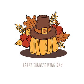 Hand drawn Thanksgiving elements for card design. Holiday card in doodle style on white