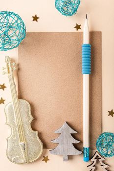 Blank kraft brown paper card with christmas decorations. Overhead shot for greeting card concept with copy space. Letter for Santa Claus