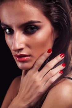 beauty young sencual woman with jewellery closeup, luxury portrait of rich real girl, party makeup