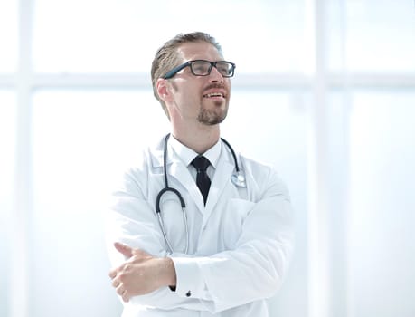 confident doctor looking at copy space . photo with copy space