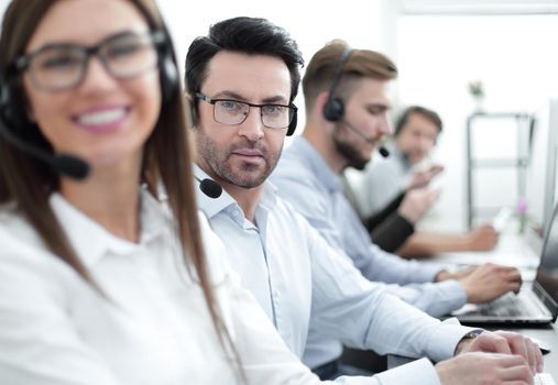 woman operator in the workplace at the call center.photo with copy space