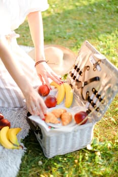 Female hands put fruits into box, grass in background. Concept of summer picnic and vegeterian lifestyle.