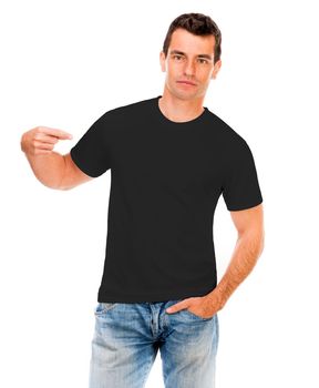 Black t-shirt on a young man isolated on white, mock up