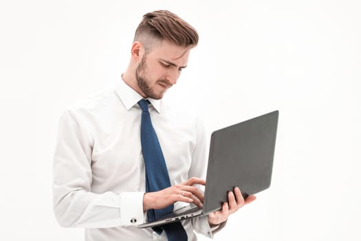 close up.businessman in white shirt using laptop.isolated on white