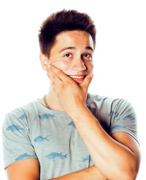 young attractive man isolated thinking emotional on white closeup gesturing smiling, lifestyle people concept