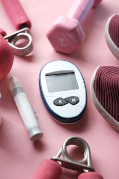 diabetic measurement tools, apple on table .