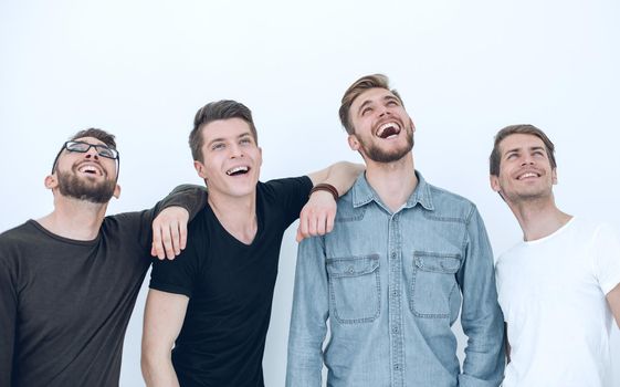 Happy positive group of men looking up with dreamy expression