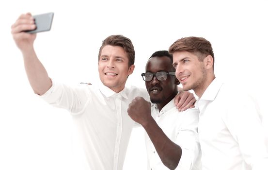 three young employees take selfies.photo with copy space