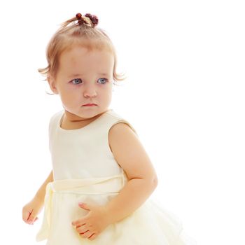 Beautiful little girl close-up. The concept of beauty and fashion, happy childhood. Isolated on white background.