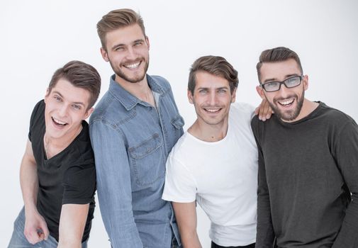 Close-up of people smiling together against white background