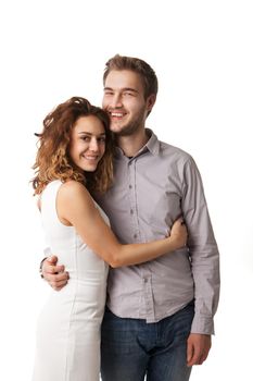 Portrait of happy couple isolated on white background. Attractive man and woman being playful.