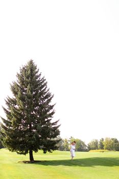 Young caucasian couple walking near green big spruce on grass in white sky background. Concept of evergreens and wedding.