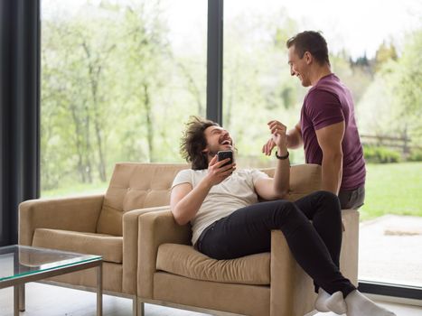 Gay Couple Love Home Concept. gay couple enjoying leisure time in living room