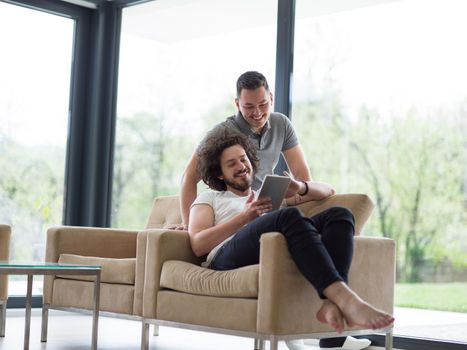 Gay Couple Love Home Concept. gay couple enjoying leisure time in living room