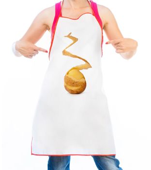 Beautiful woman in kitchen apron with cute print isolated on white