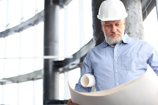 Confident mature architect in corporate suit and hardhat holding a blueprint and looking at it