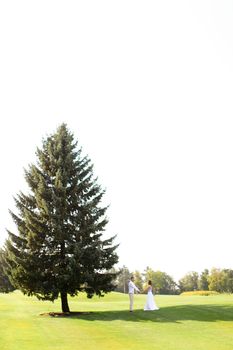 Young happy couple walking near green big spruce on grass in white sky background. Concept of evergreens and wedding.