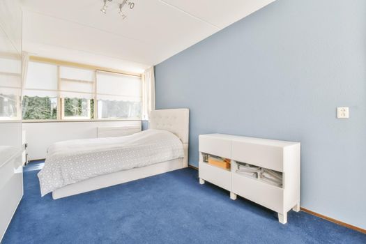 Comfortable cozy bedroom design in blue and white shades