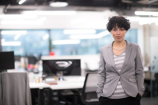 Portrait of successful female software developer with a curly hairstyle at modern startup office