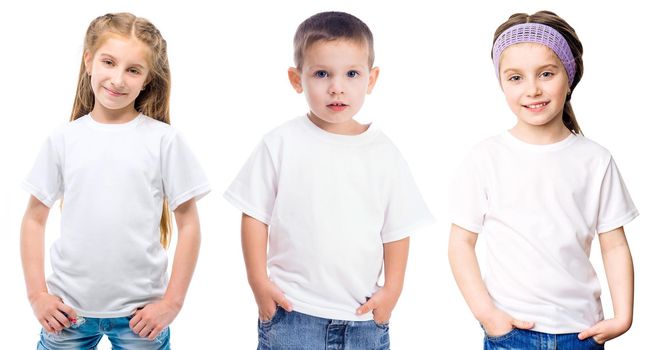 Set of kids in a white T shirts isolated on white background for your design
