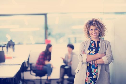 Portrait of successful female software developer with a curly hairstyle at modern startup office